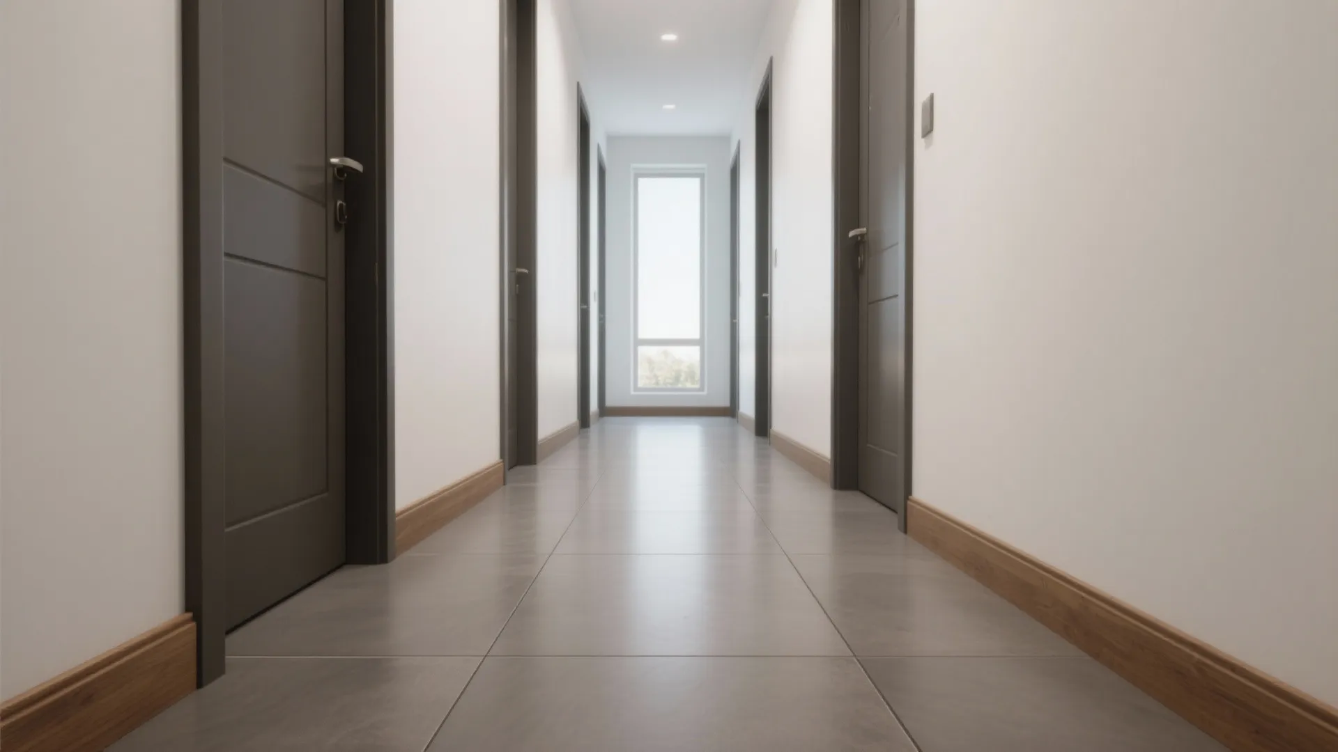 Modern hallway with dark grey doors white walls wood baseboards large grey floor tiles and windows