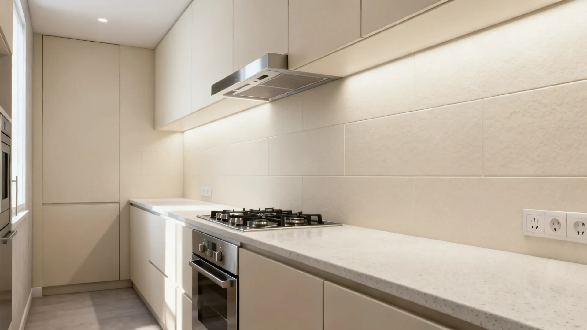 Narrow kitchen widened visually by horizontal 12x24 matte ivory ceramic backsplash tiles.