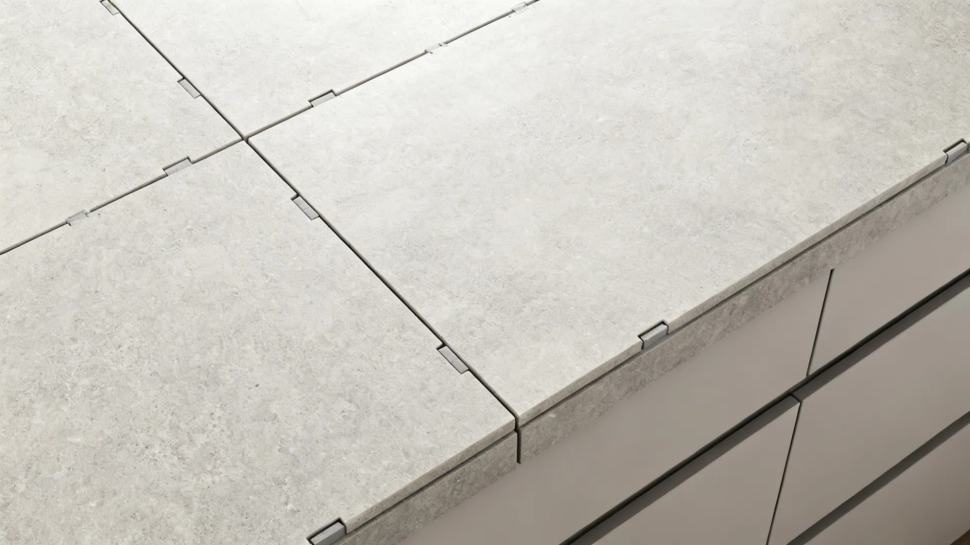 Top-down layout showing large-format porcelain slab arrangement with minimal grout lines.