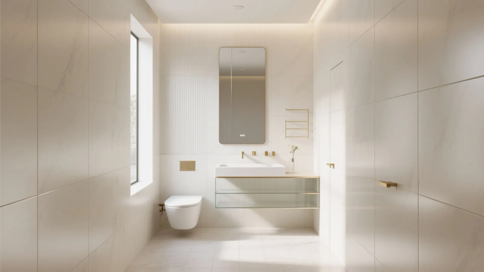 Modern white bathroom with marble wall tiles wall mounted toilet glass shelf and tall mirror