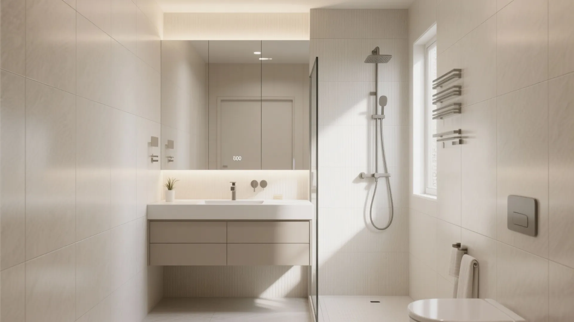 Small ensuite with 600x1200mm light porcelain tiles and slim grout creating a spacious, calm feel.