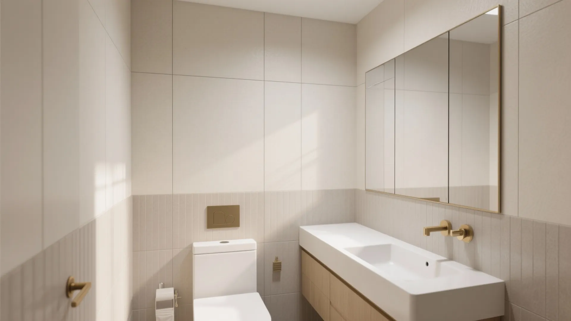 Modern bathroom featuring large beige wall tiles white toilet wood cabinet sink mirror gold faucet