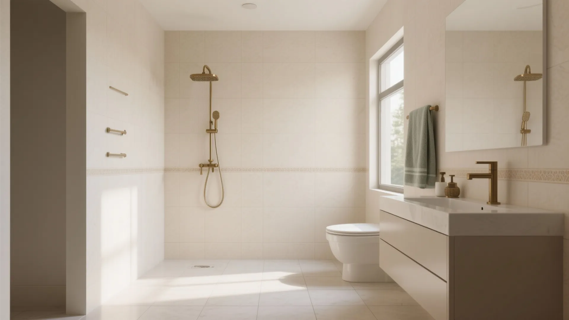 Bright bathroom with beige tiles featuring a gold shower head toilet white sink and window