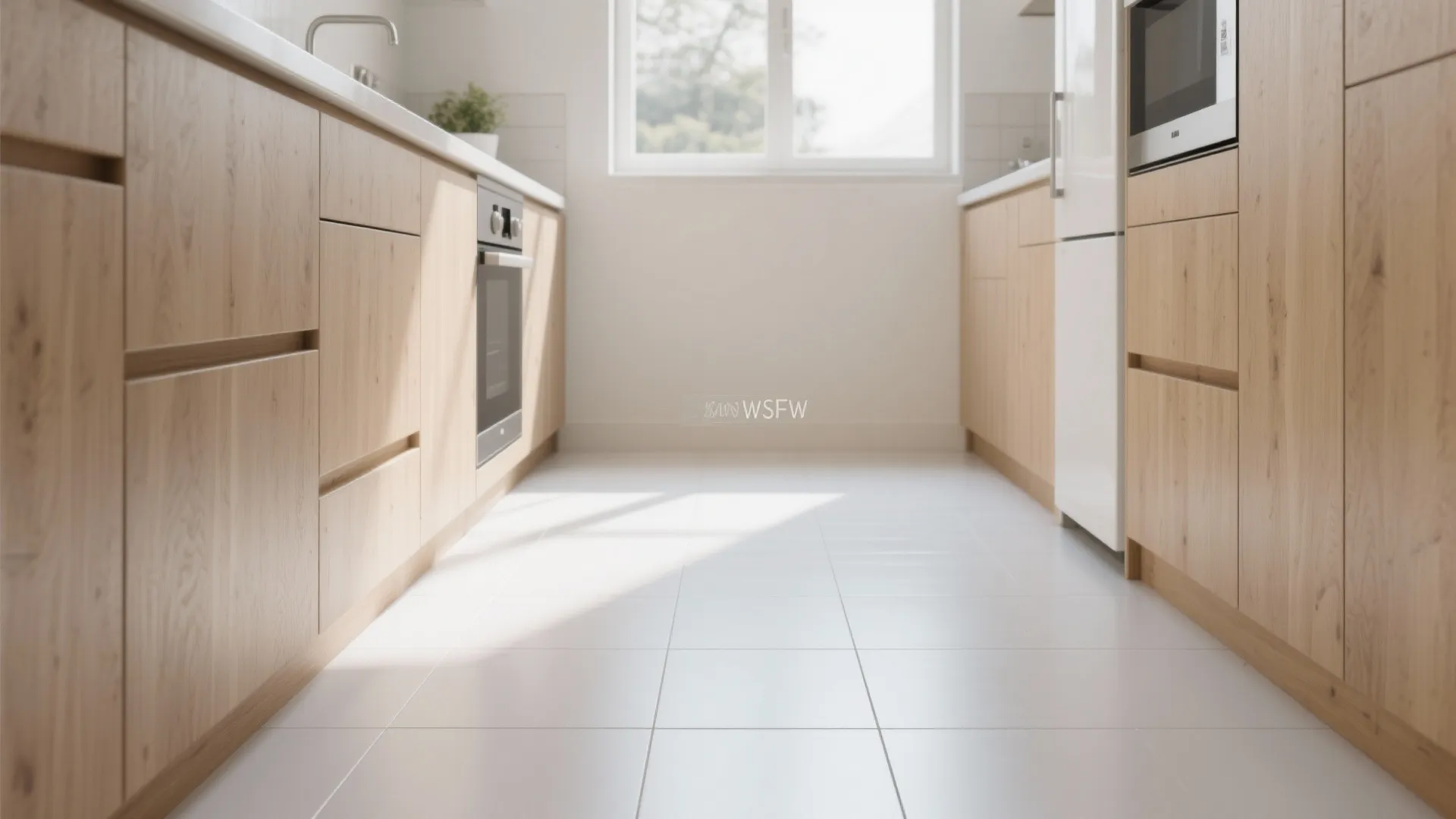 Small kitchen with large white floor tiles and light wood cabinets