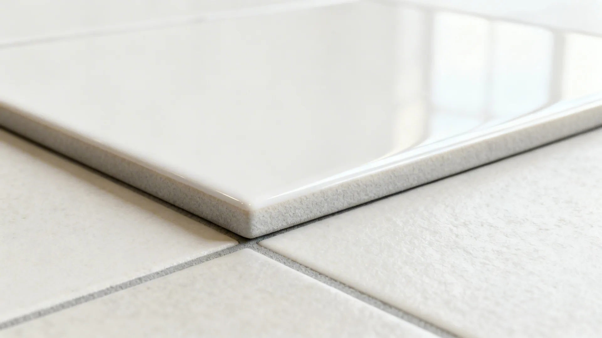 Close-up of rectified edge soft-gloss porcelain with tight grout joint.