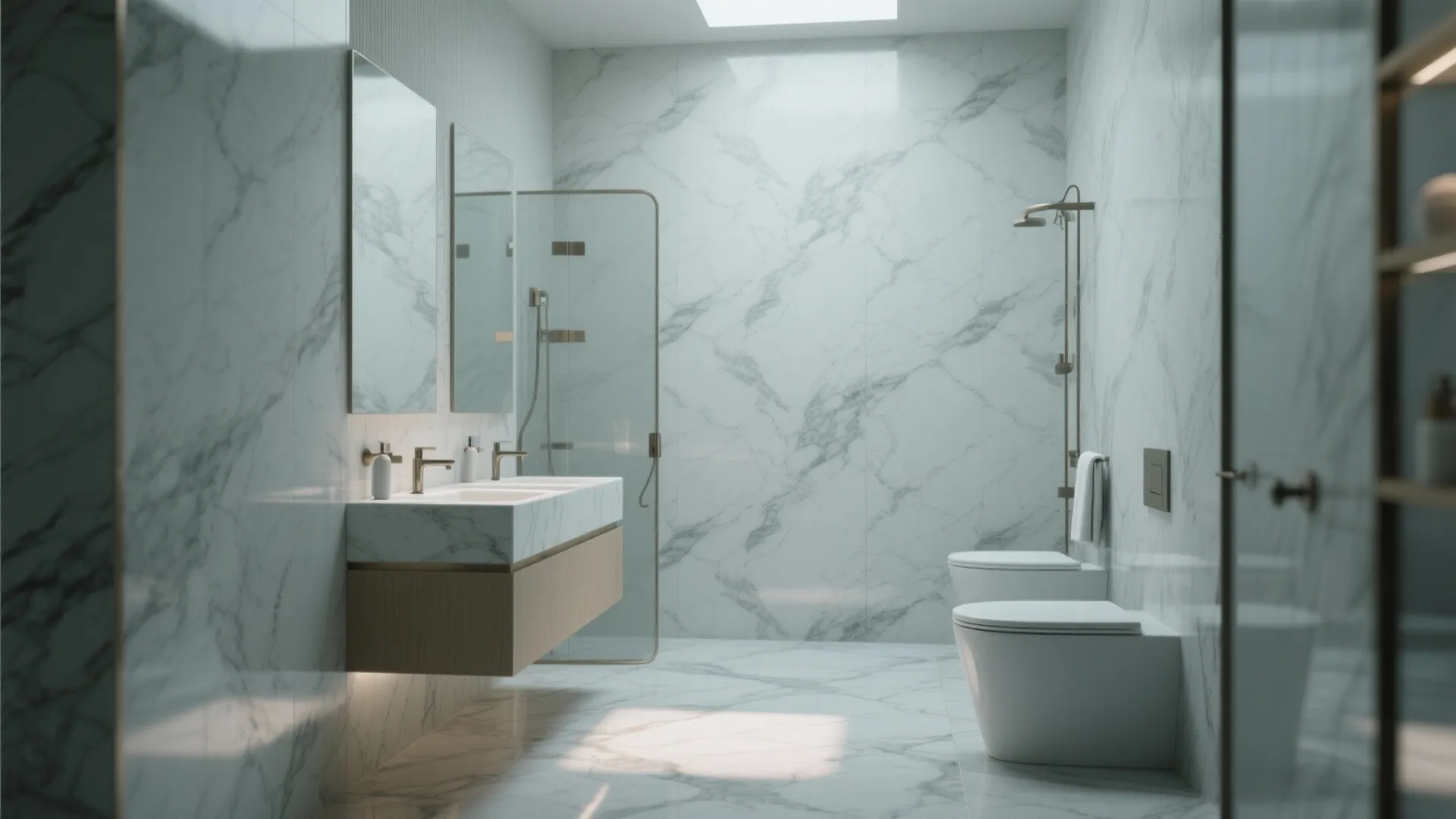 Modern bathroom featuring white marble walls and floor with double sink vanity and glass shower