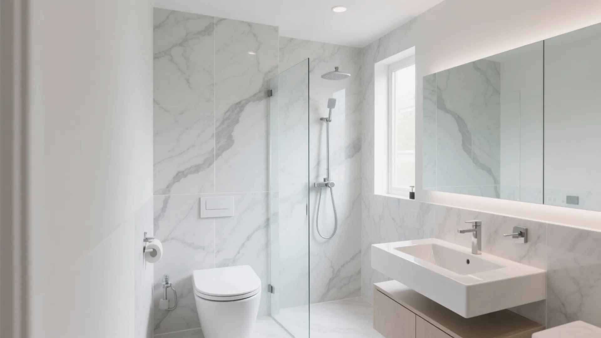 Compact bath with large-format marble-look wall panels and minimal grout lines.