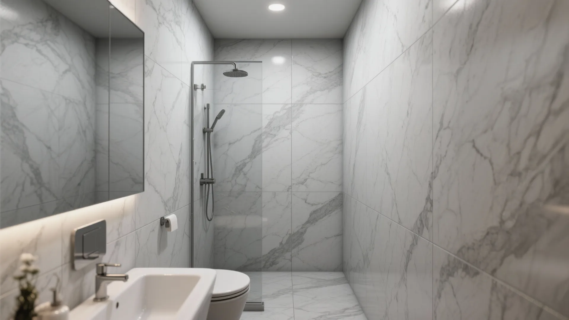 1. Embrace large-format grey marble tiles