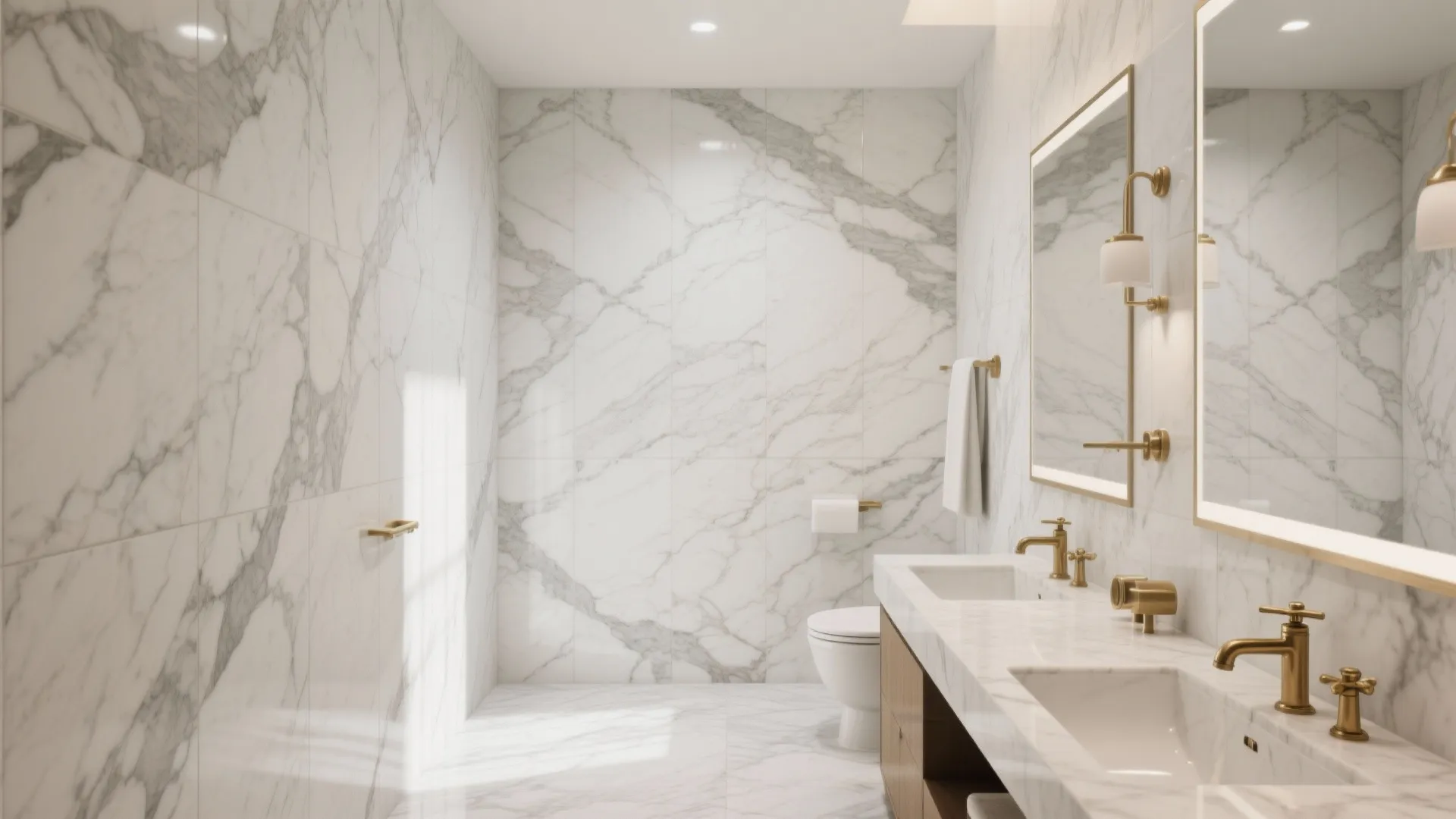 Luxury marble bathroom with double sink vanity gold faucets large mirrors and white toilet wall tiles