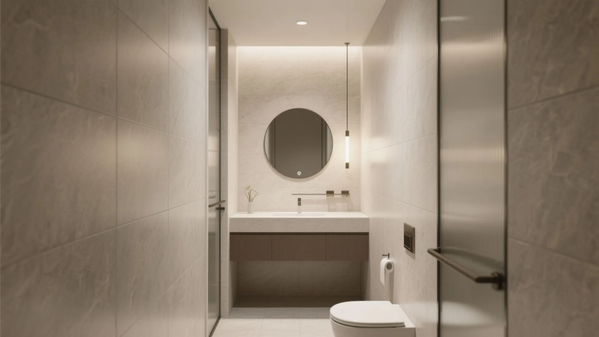 Narrow bathroom with grey wall tiles, round mirror, white sink cabinet, and a white toilet