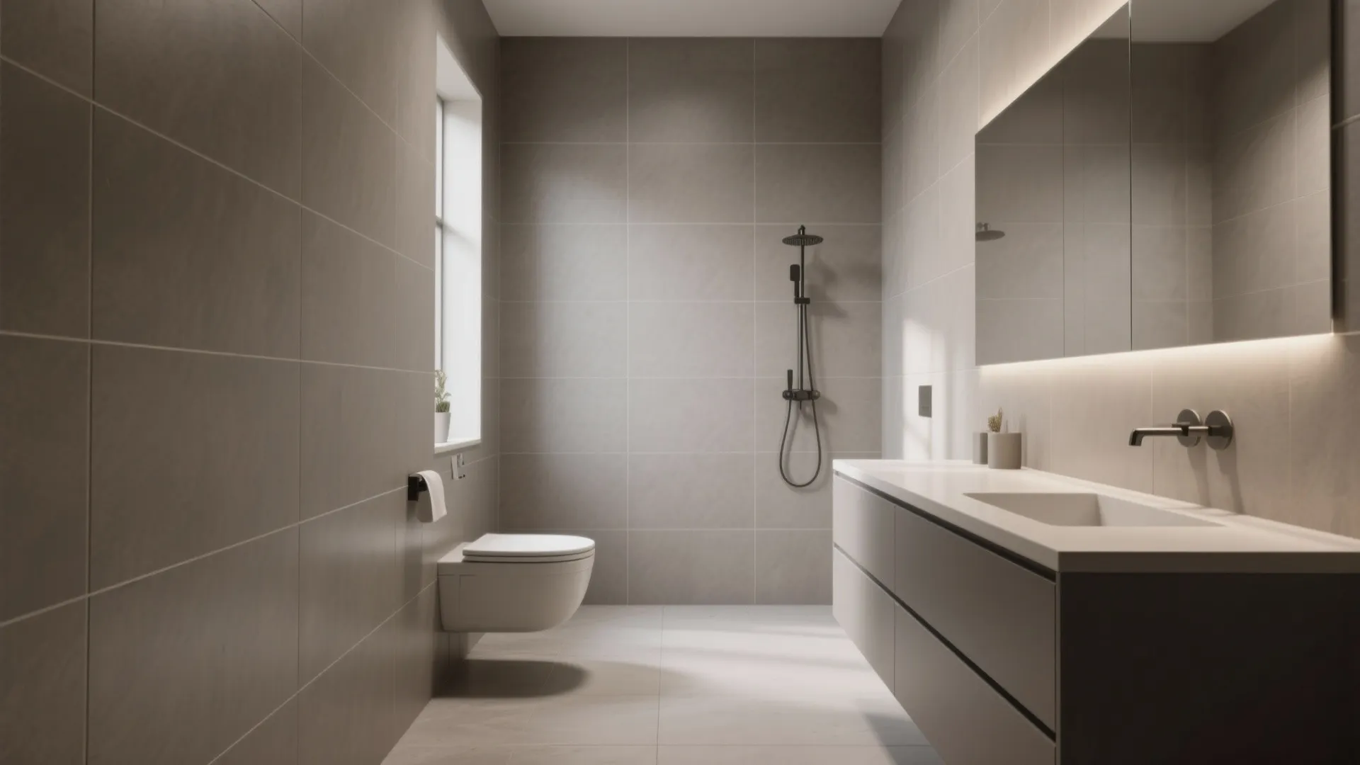 Modern bathroom with grey large tiles a floating toilet and long white cabinet with mirror