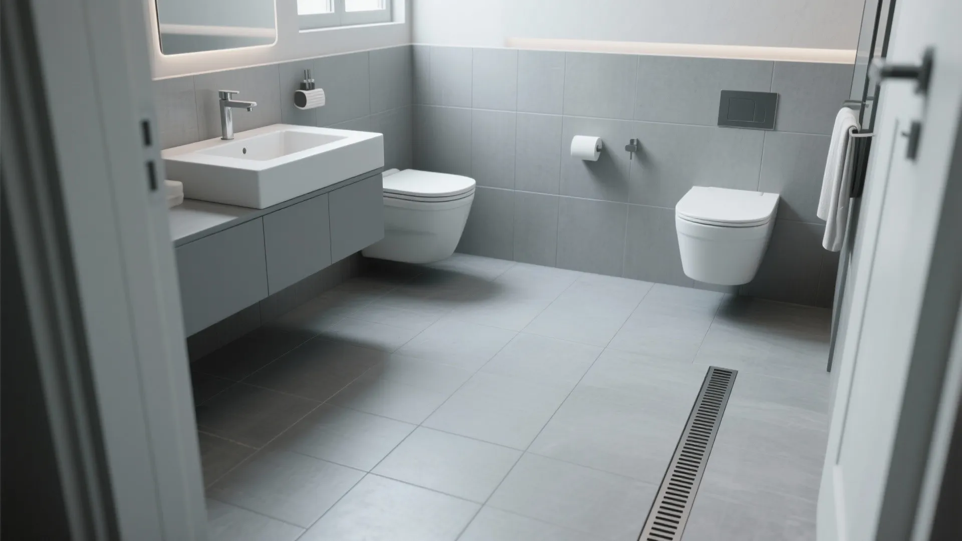 1. Large-format matte gray tiles for a seamless look
