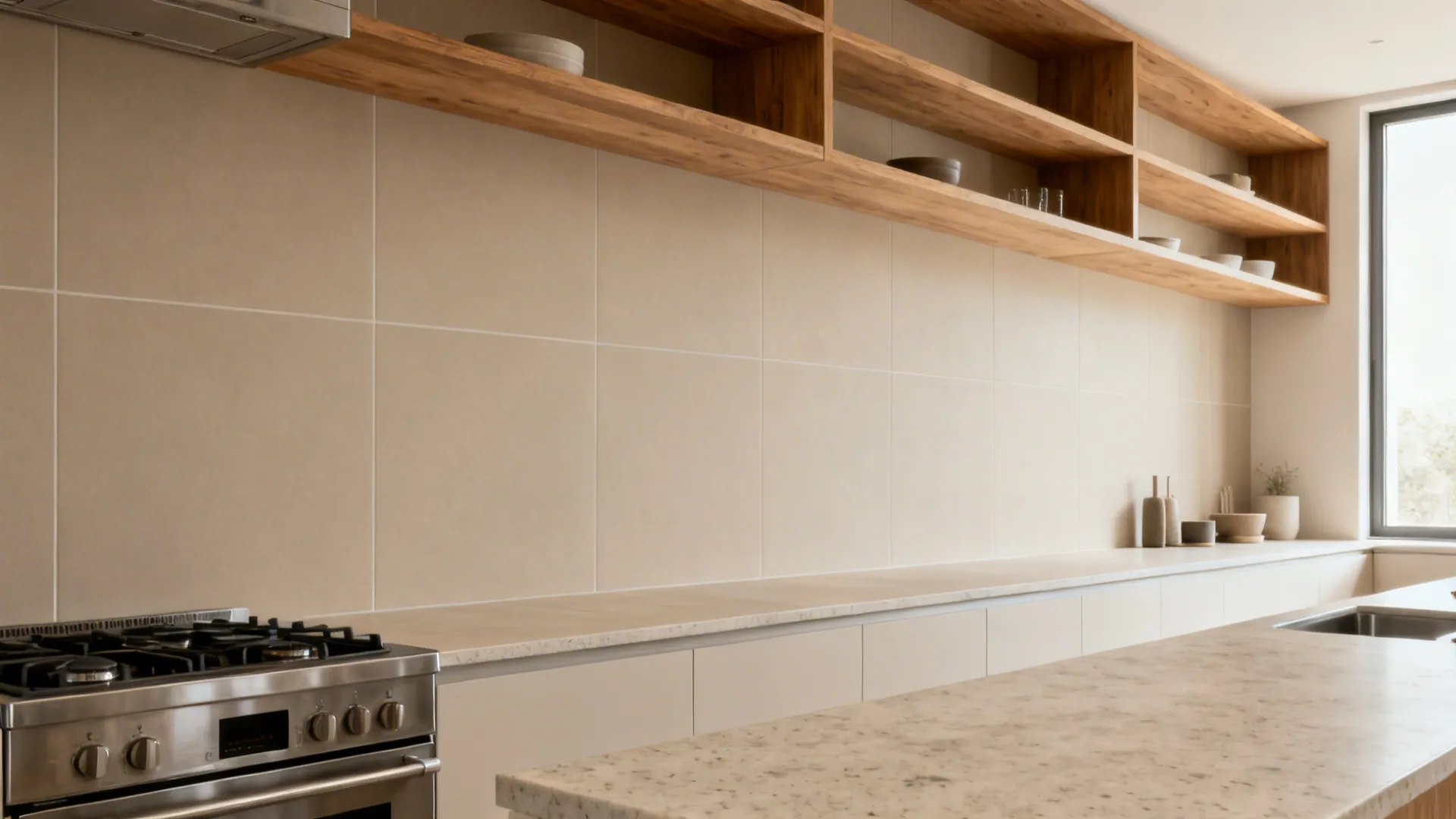 Modern kitchen interior with large beige matte wall tiles wooden shelves gas stove and countertop