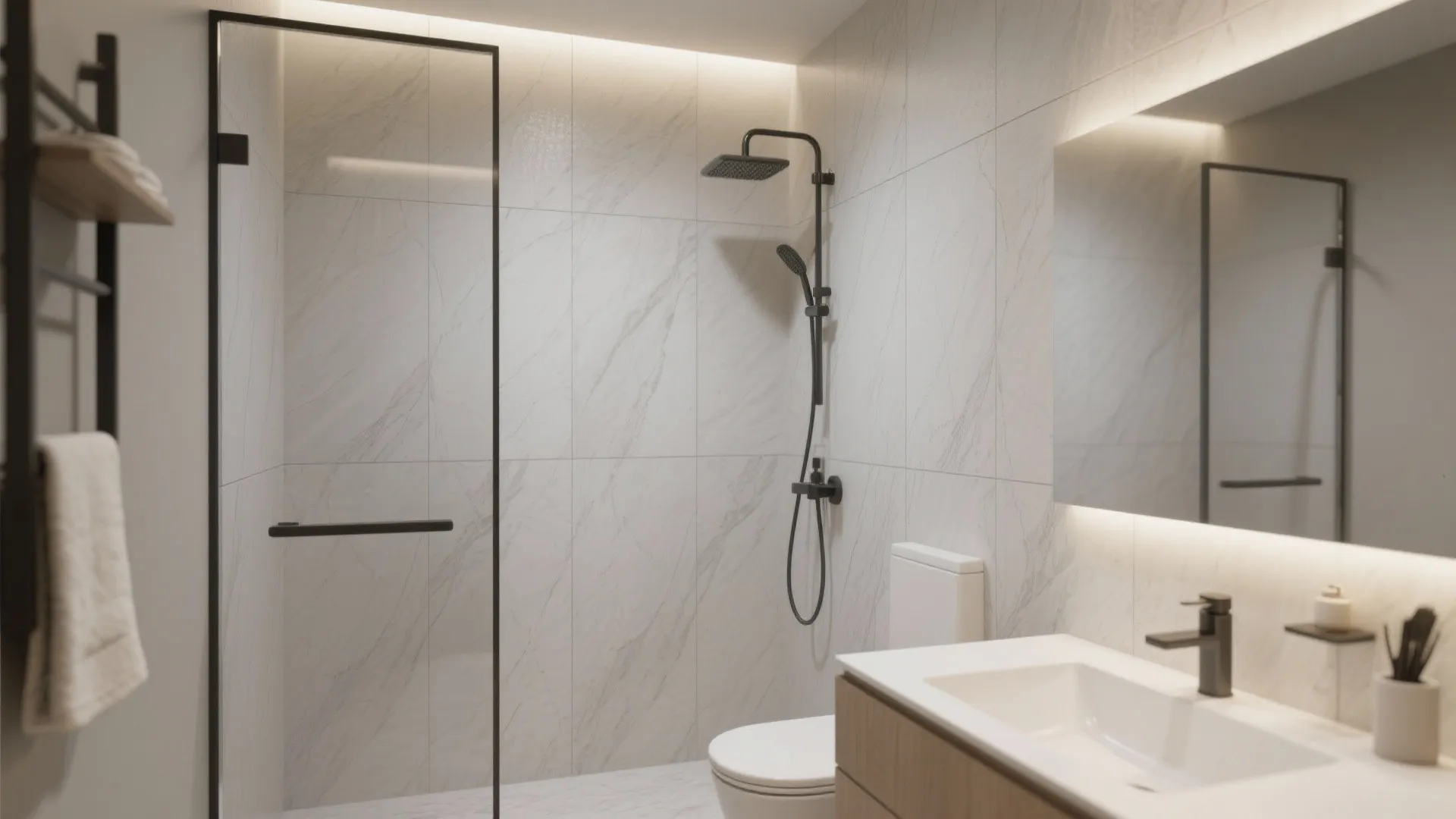 Small ensuite with 24x48 porcelain slabs, minimal grout, and a clear glass shower panel.