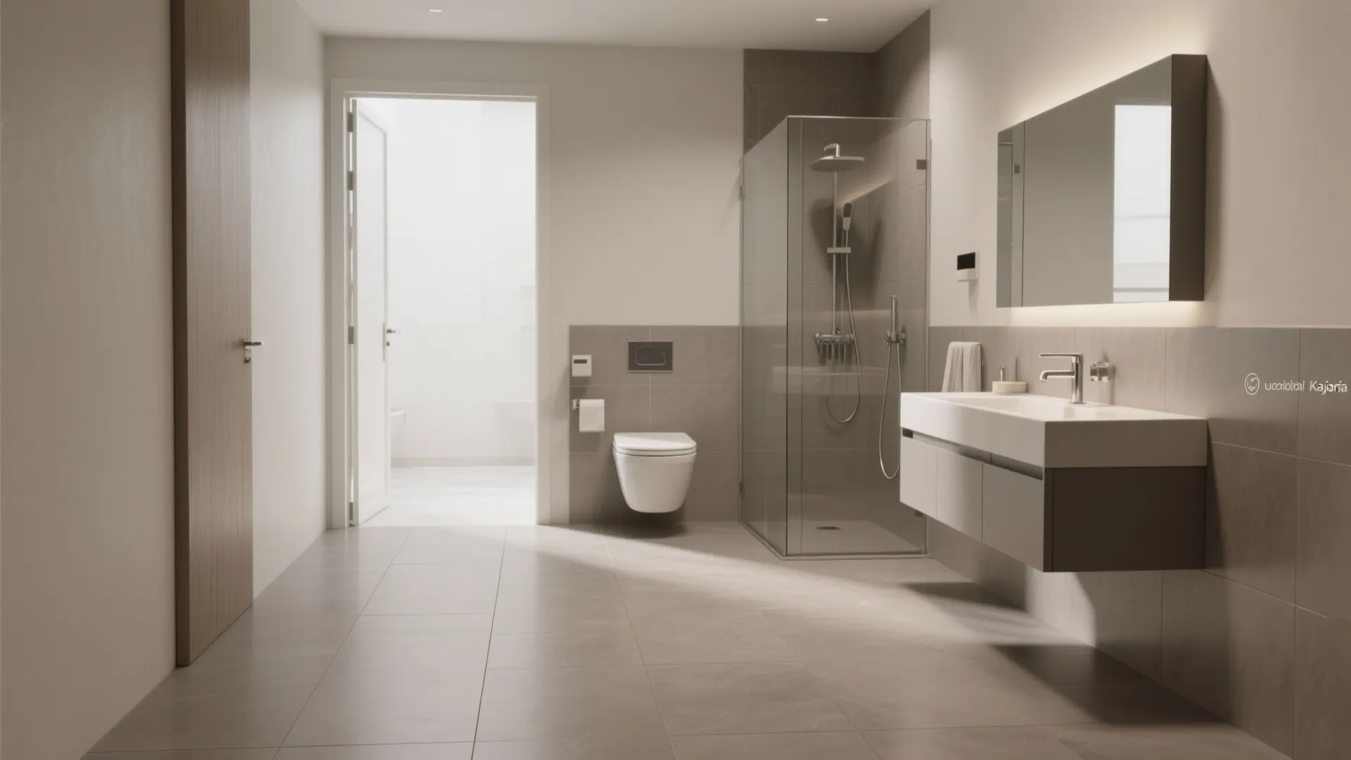 Modern minimal bathroom with grey floor tiles a glass shower white sink and hanging cabinet