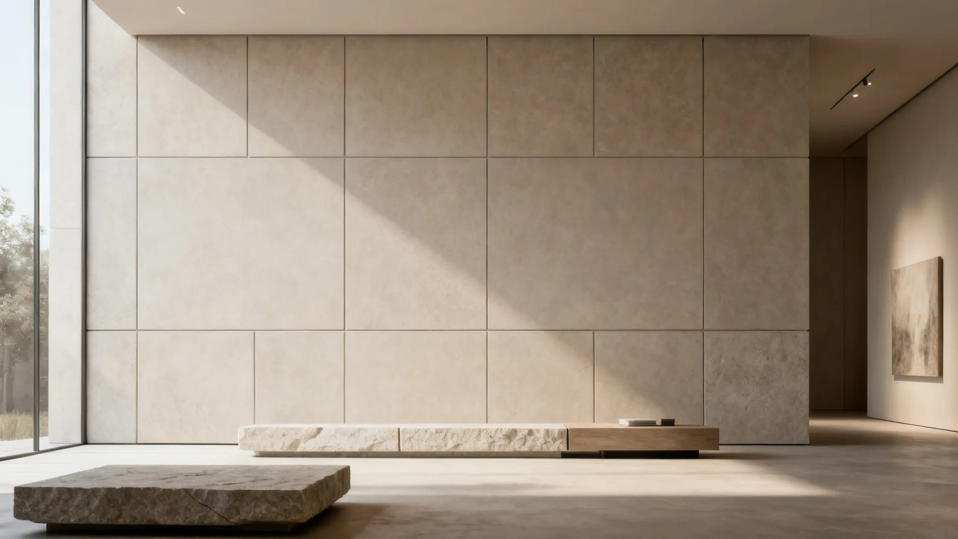 Minimalist living room with large-format matte wall slabs and minimal furniture for a gallery-like feel