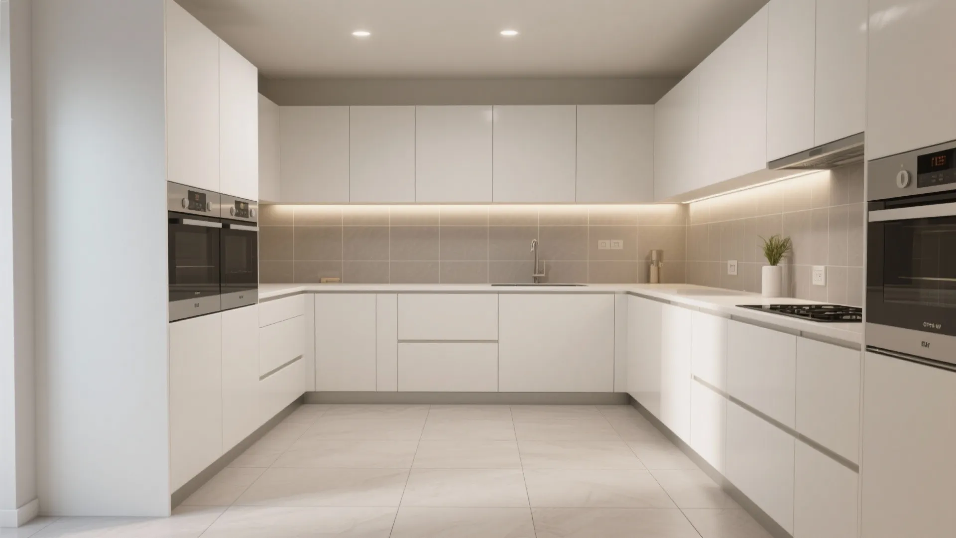 Modern white U-shaped kitchen with grey wall tiles built-in ovens and warm under cabinet light