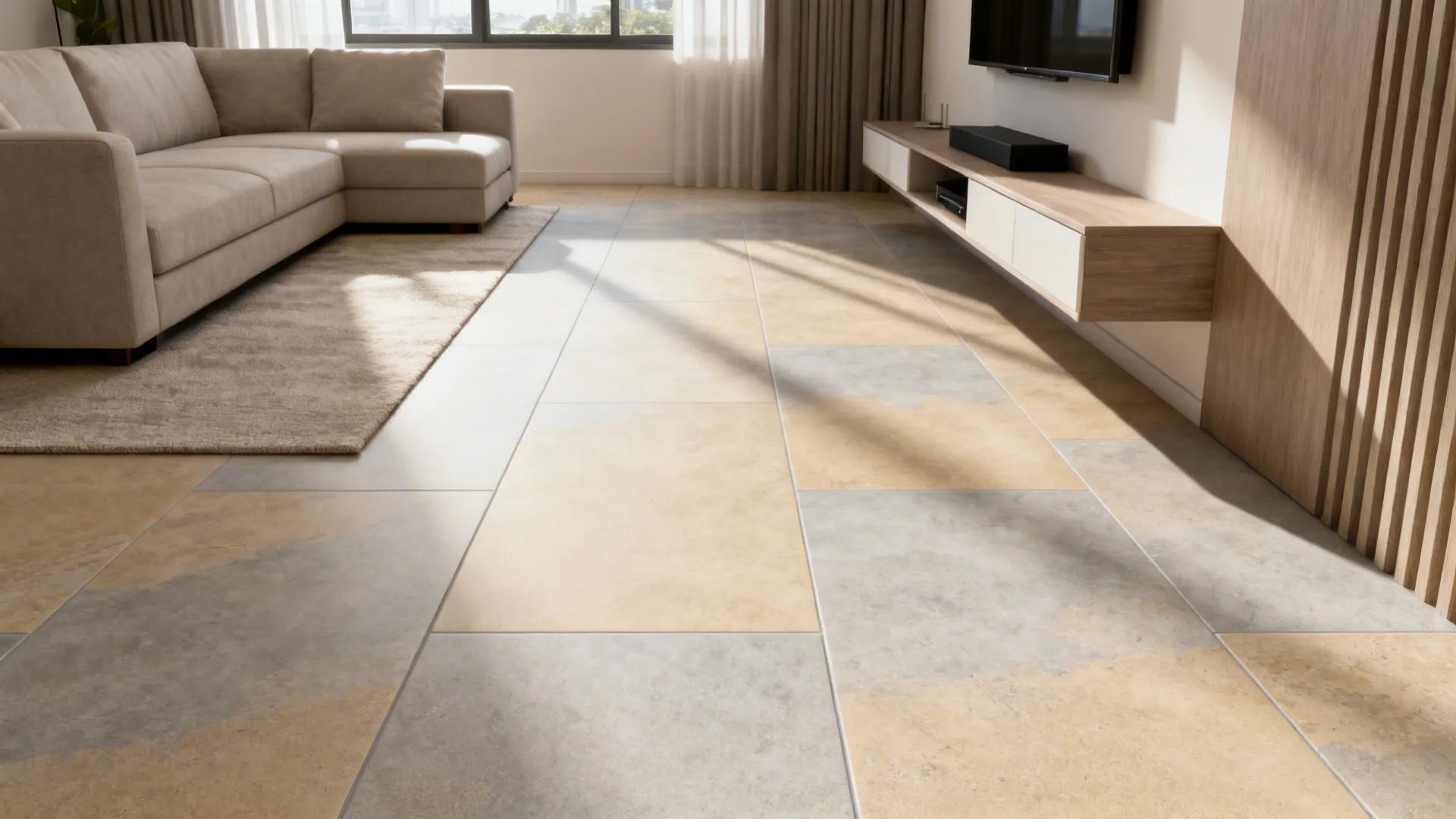 Small sala with 60x120 cm matte light neutral porcelain tiles and minimal grout.