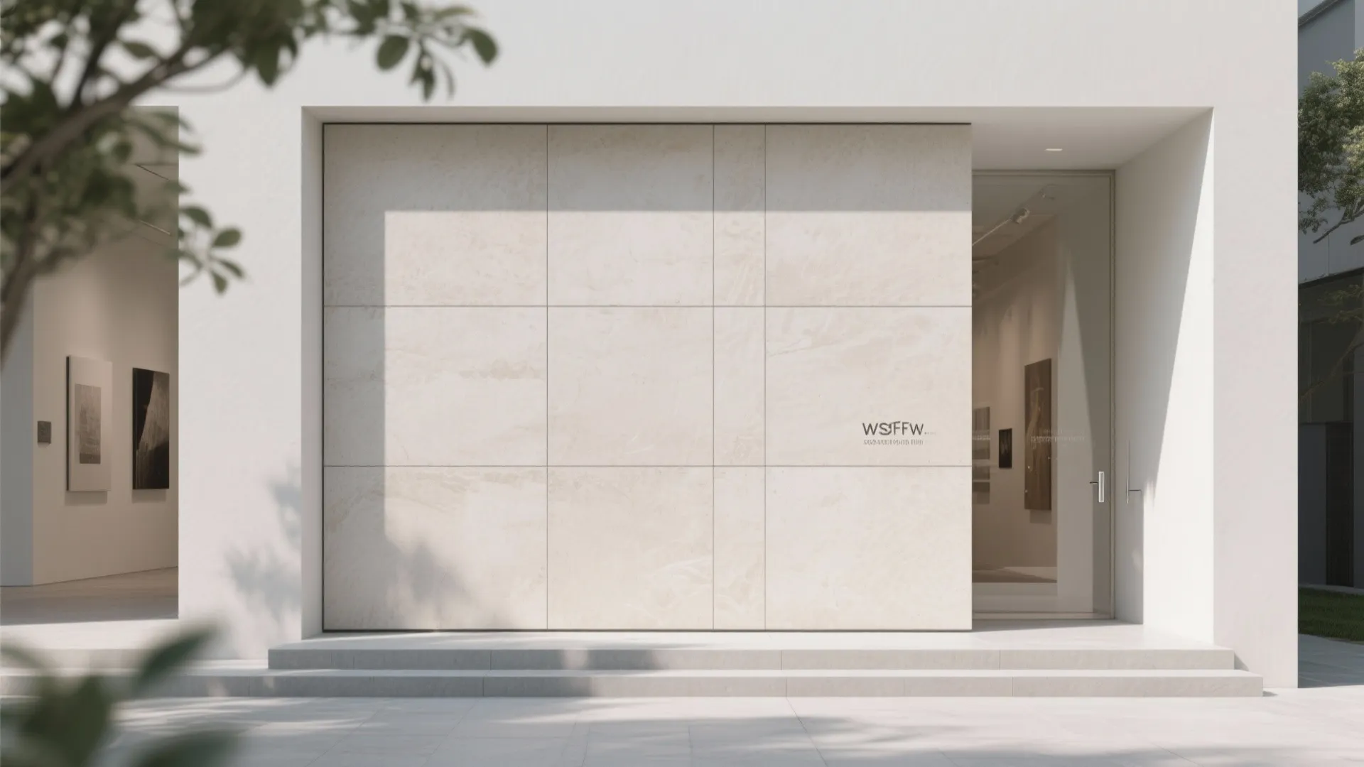 Modern white building entrance with large beige wall panels and a glass door under sunlight