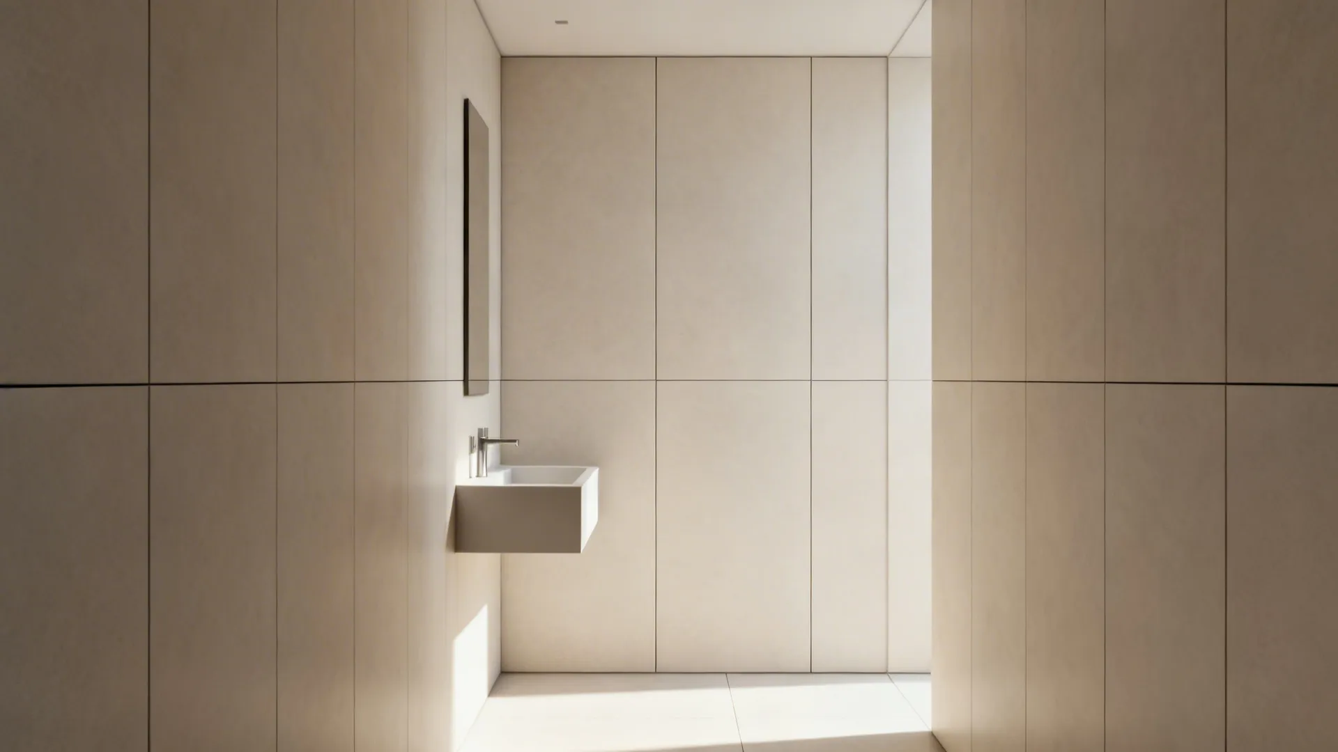 Tiny powder room clad in large-format neutral wall panels with minimal grout lines.
