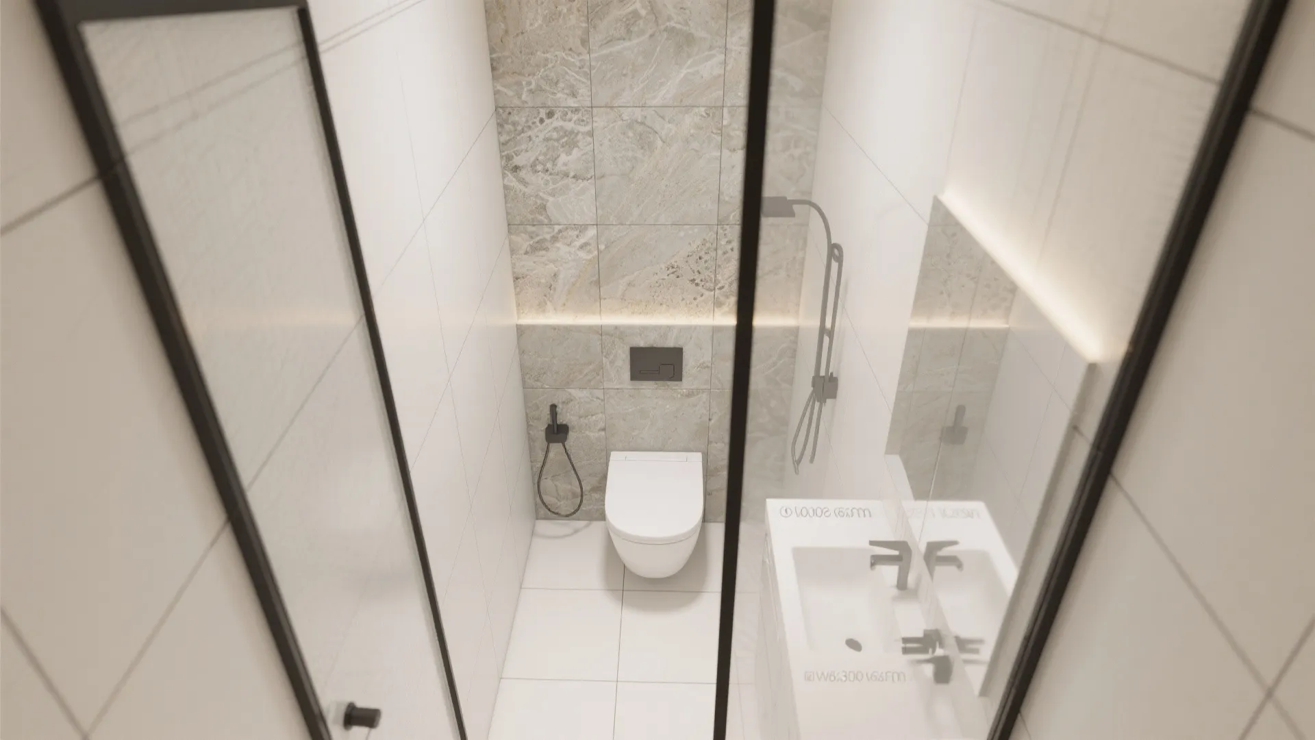 Top view of small bathroom layout featuring white toilet sink and grey stone wall tiles