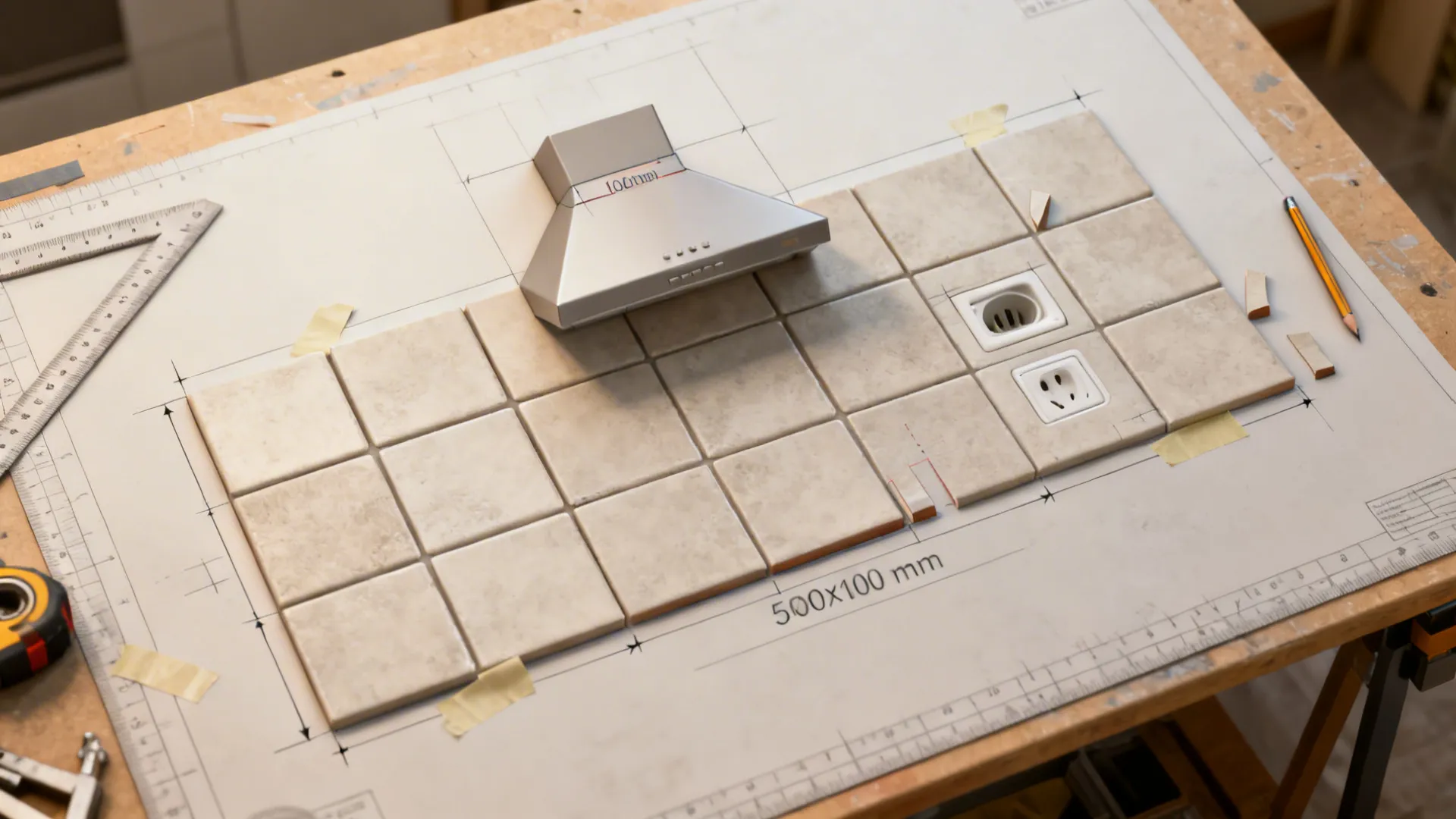 Technical interior design drawing with small kitchen fan, wall tiles, electrical outlets, and measuring tools