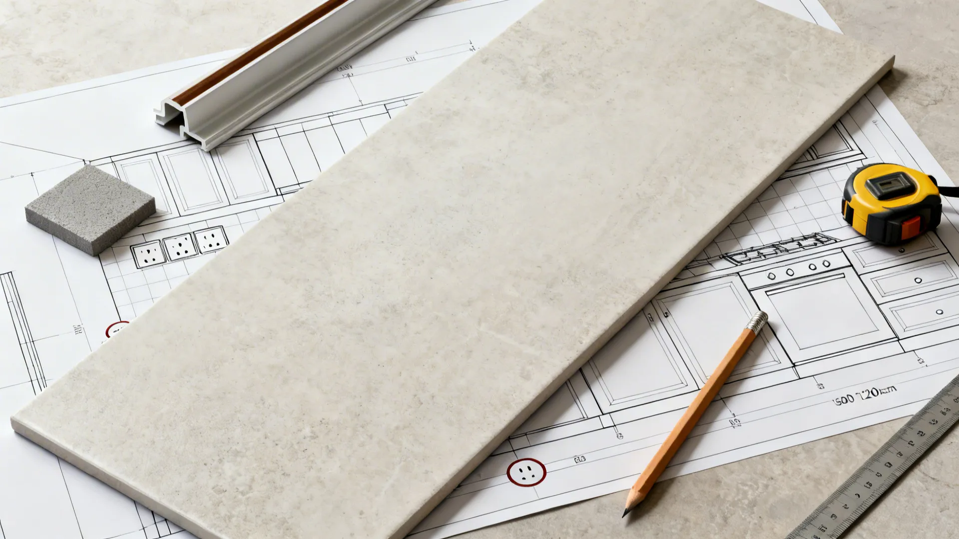 Top-down tile planning with 600x1200 mm module, sockets marked, and epoxy grout sample.