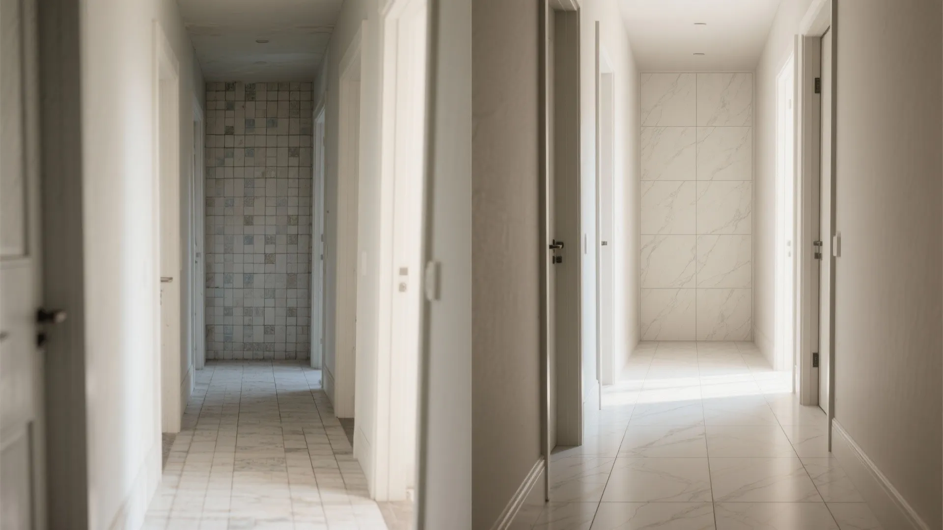 Before and after comparison of hallway renovation with old small tiles versus new large marble
