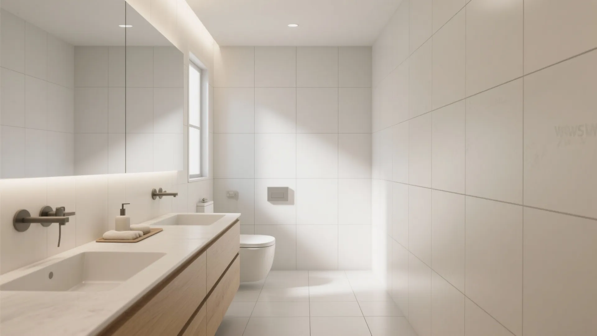 Large-format porcelain wall and floor tiles with slim, color-matched grout in a modern small bathroom.