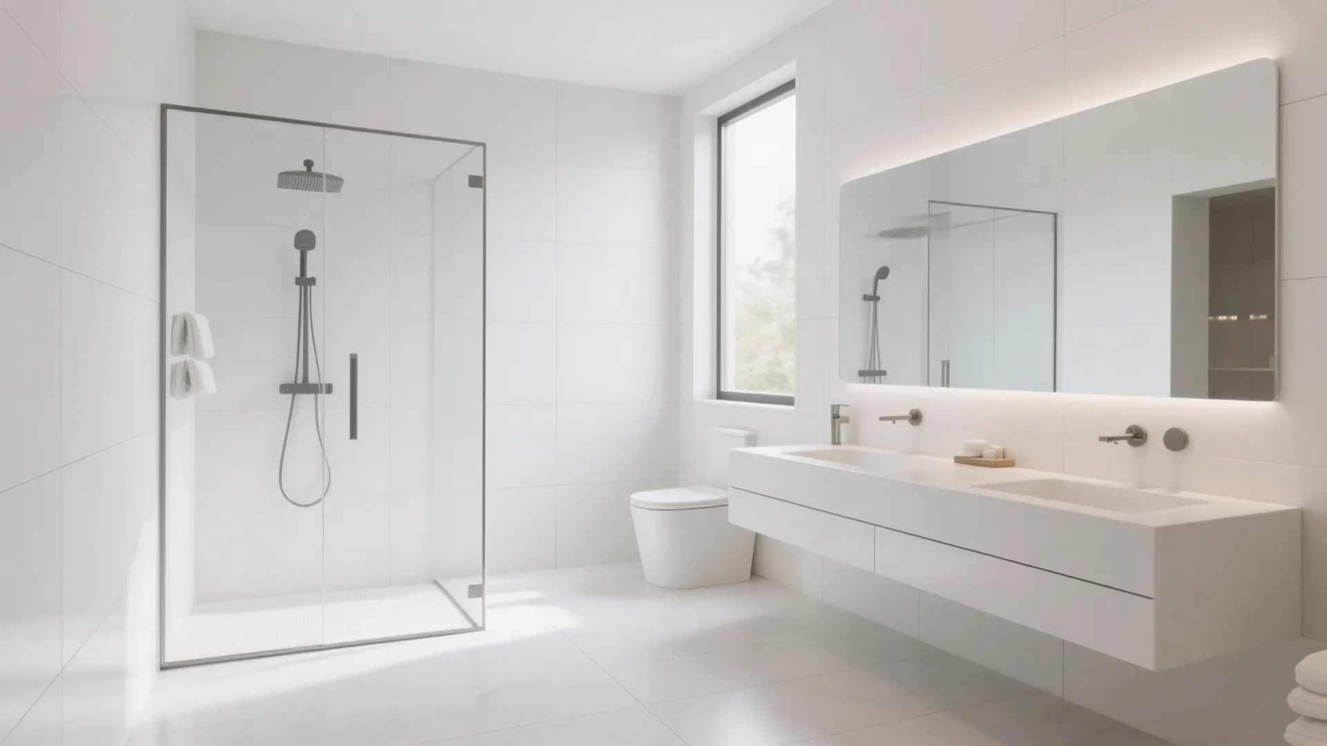 Seamless minimalist bath with large-format white porcelain panels and tight joints.