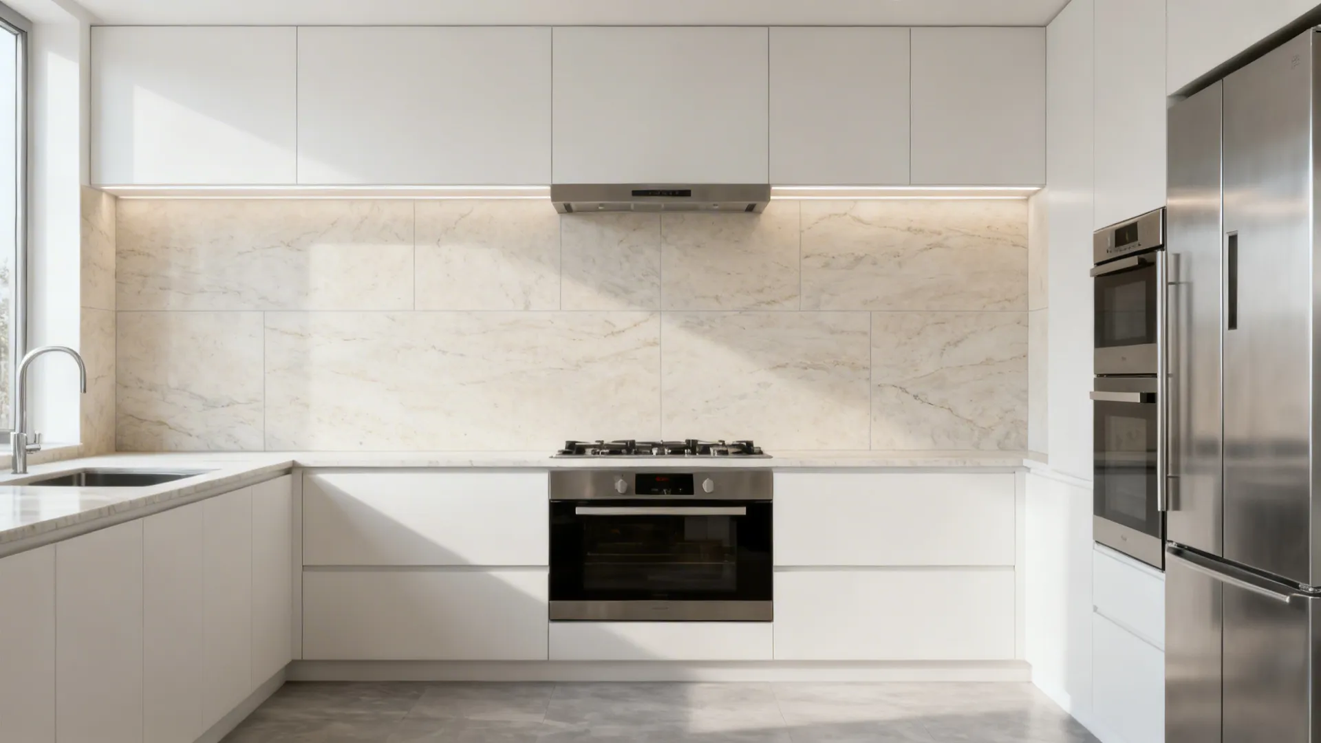 Large-format pale stone-look porcelain panels create a seamless backsplash in a narrow kitchen.