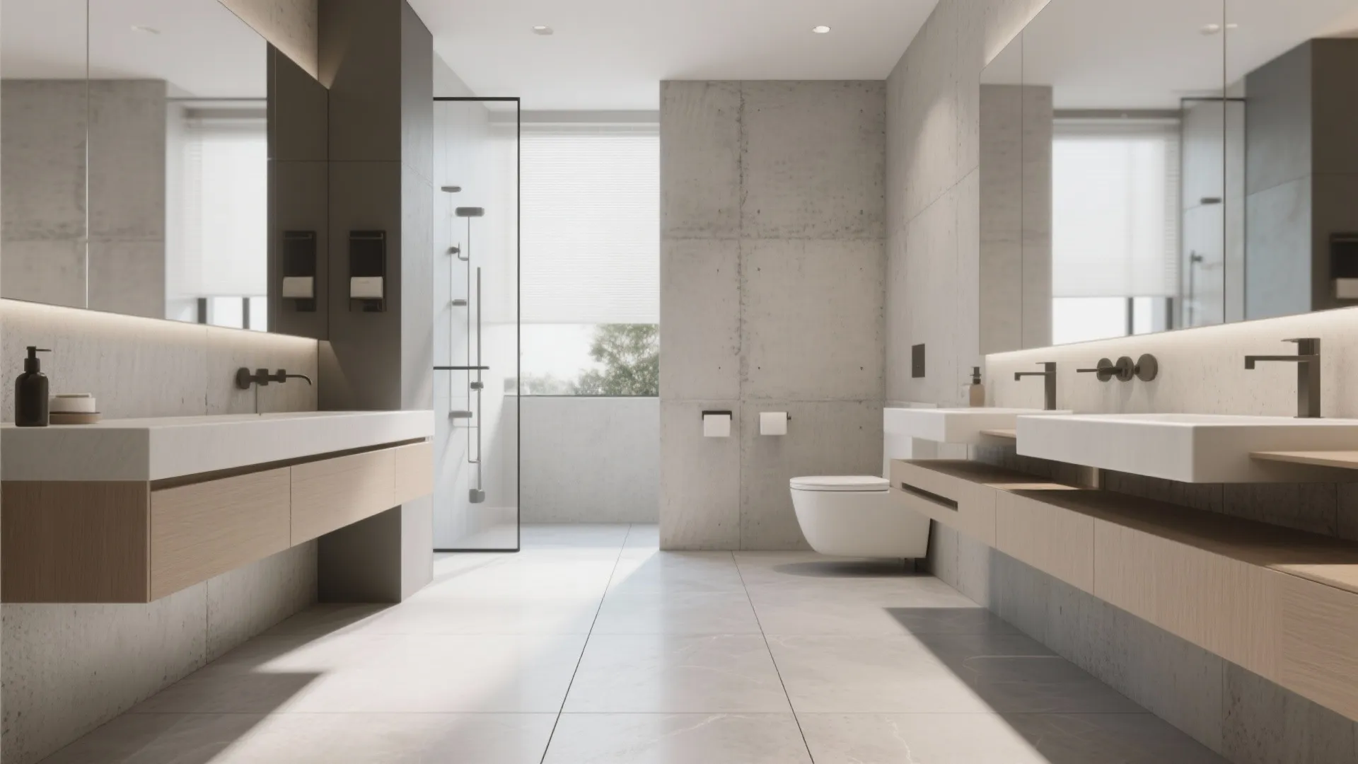 Modern bathroom with grey large tiles wood cabinets white sinks black faucets and a toilet