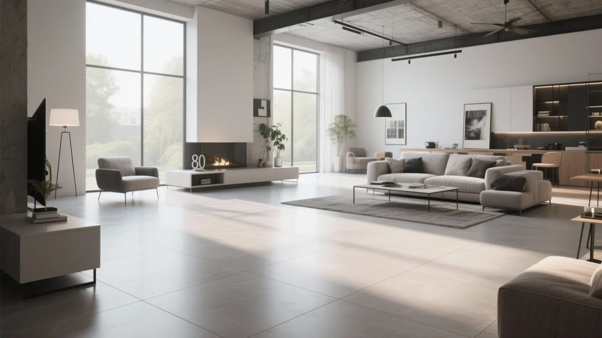 Modern industrial living room featuring large grey floor tiles fireplace sofa and large glass windows