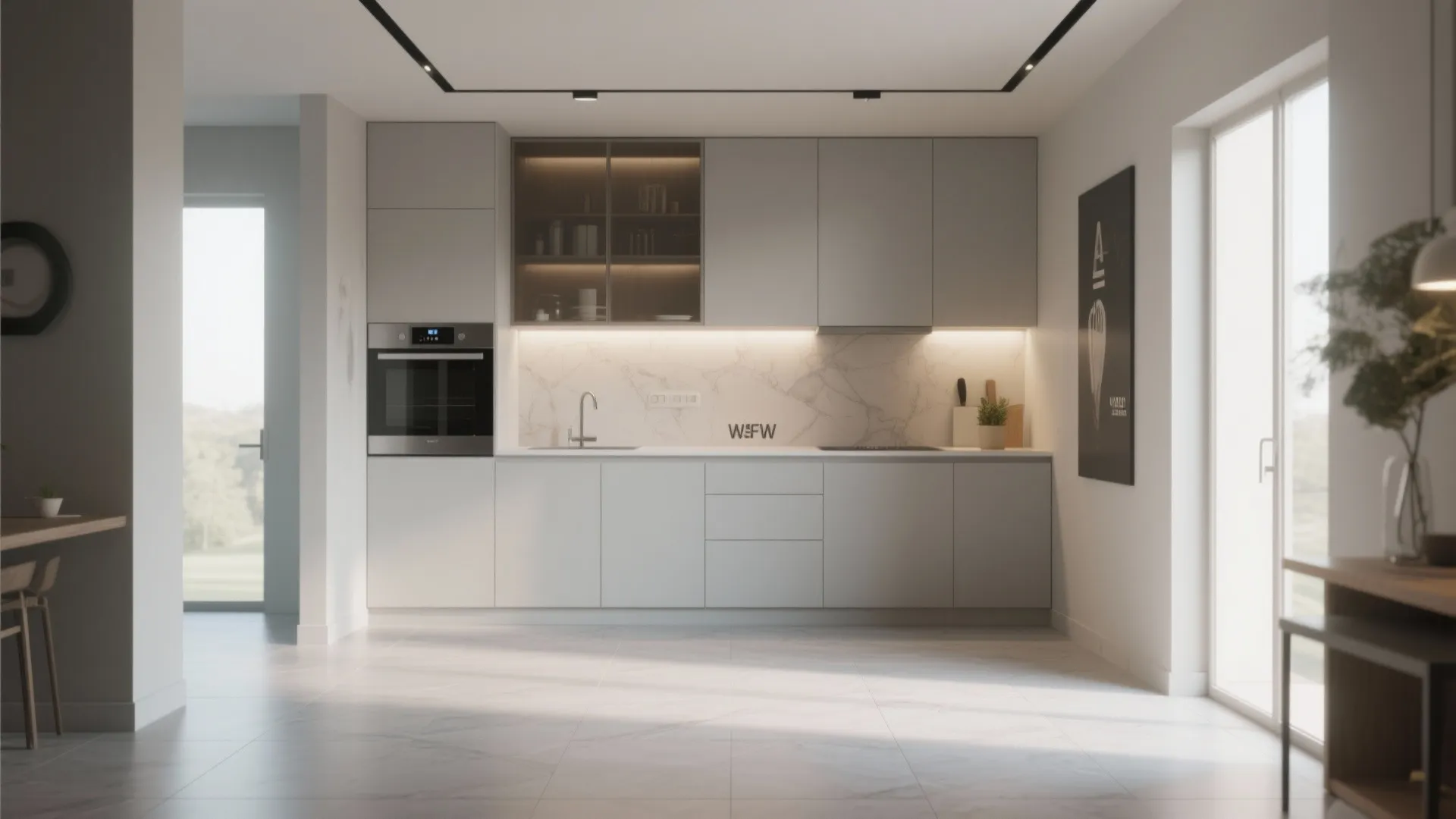 Minimalist white kitchen with marble wall panel integrated oven glass cabinet and large grey floor tiles