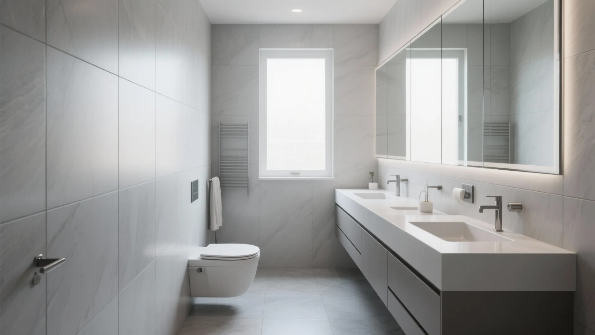 Minimalist white bathroom with large grey wall tiles long double sink cabinet and bright window