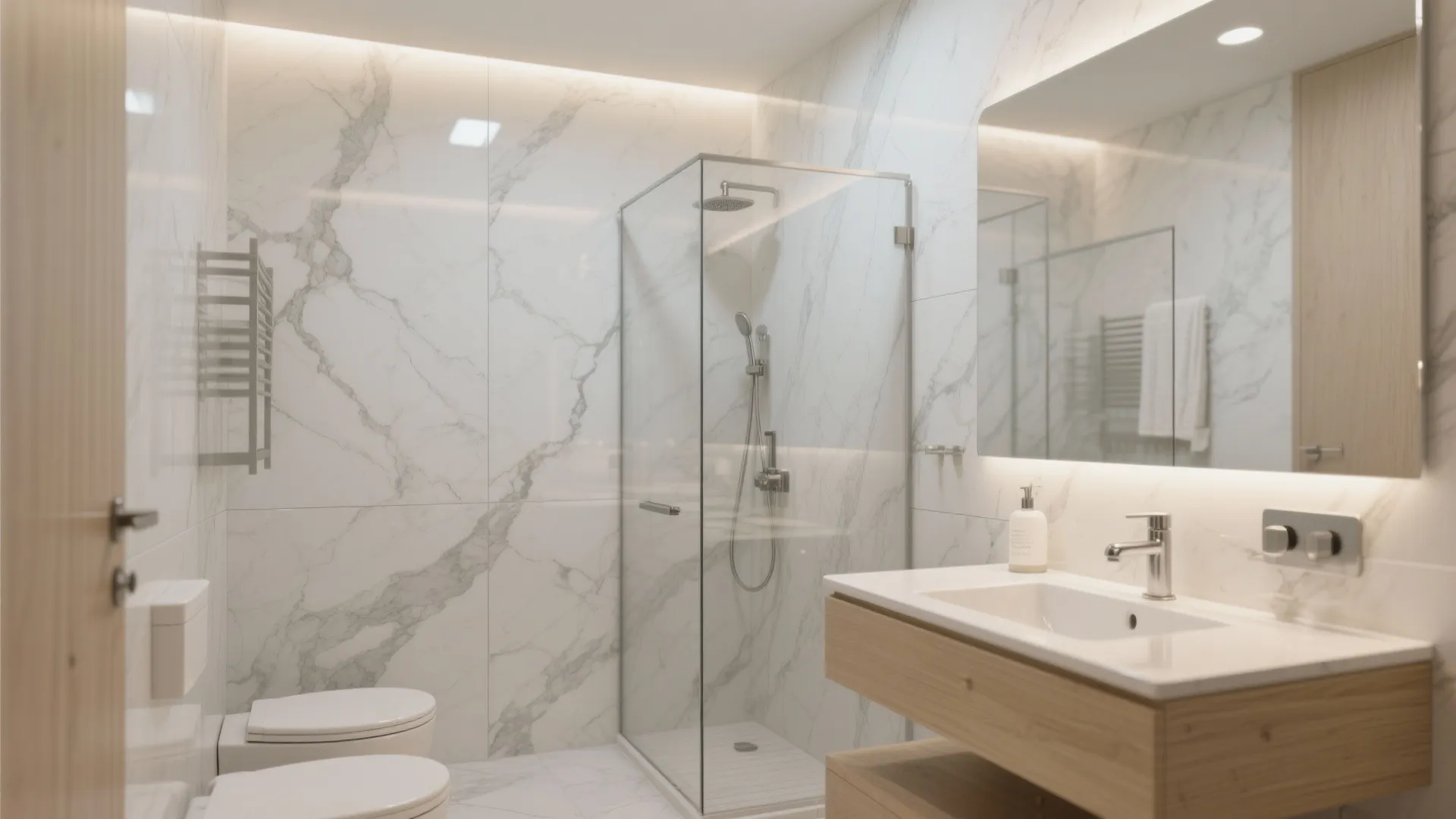 Compact bath with large-format glossy porcelain slabs and minimal grout lines for a calm, spacious feel.