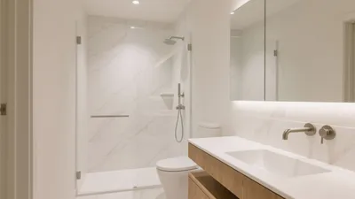 Modern Bathroom Design with Marble Tiles and Wood Vanity