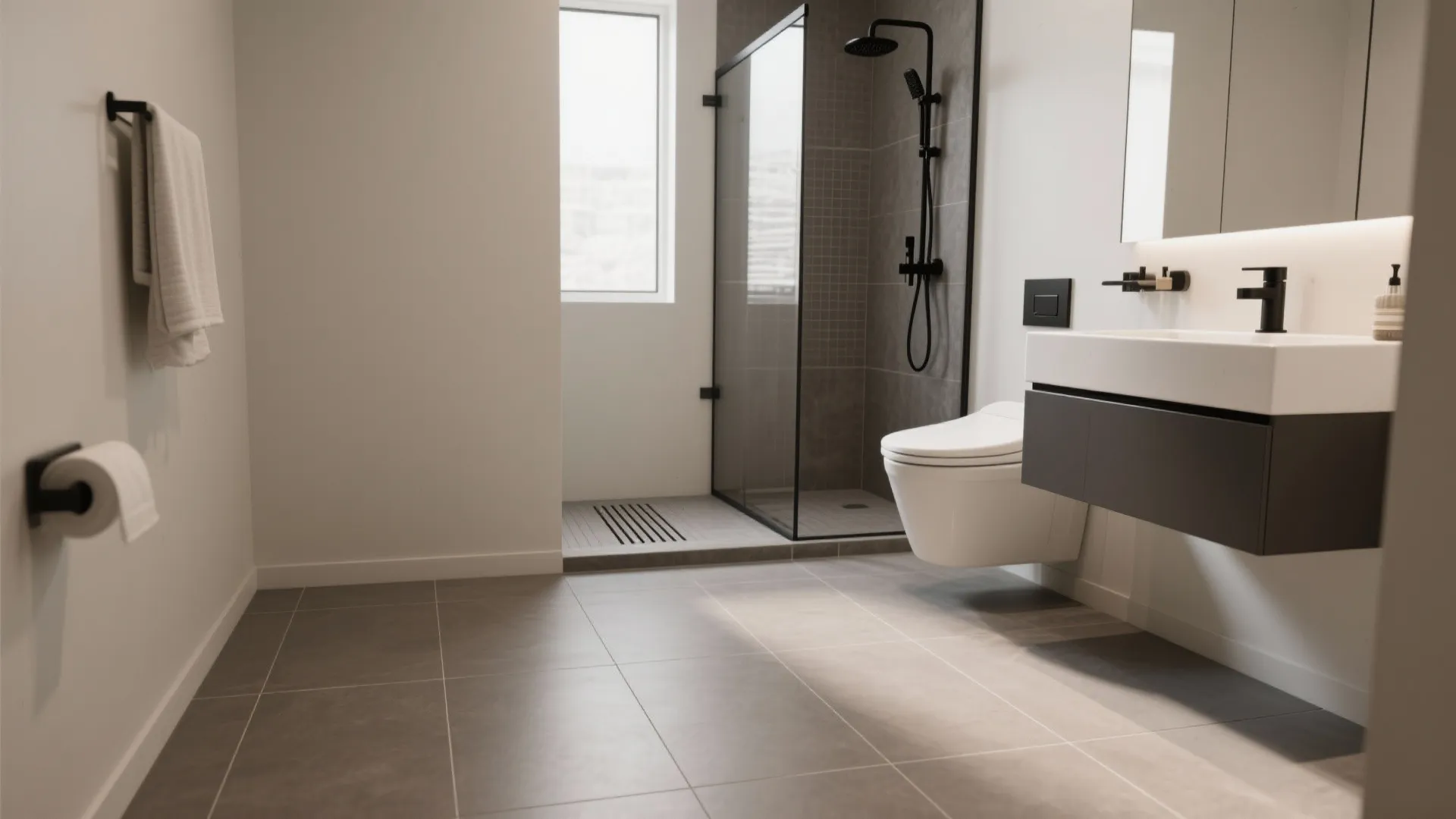 Warm gray matte large-format porcelain tiles create a seamless bathroom floor with minimal grout lines.