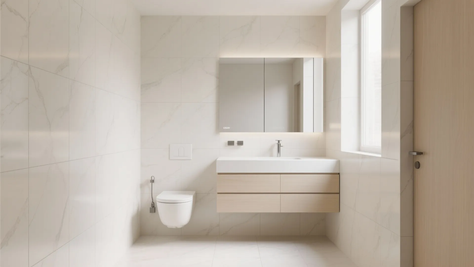 Modern bathroom with beige wall tiles a floating wood cabinet a mirror and white toilet