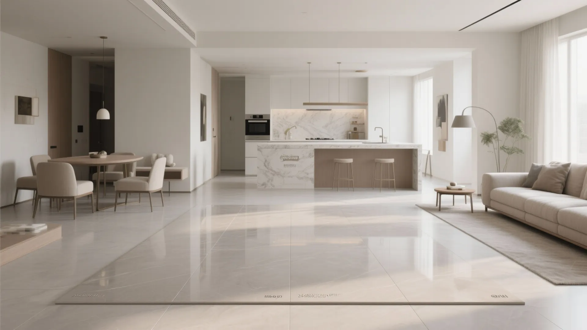 Bright open plan living area with large floor tiles and white kitchen island and sofa