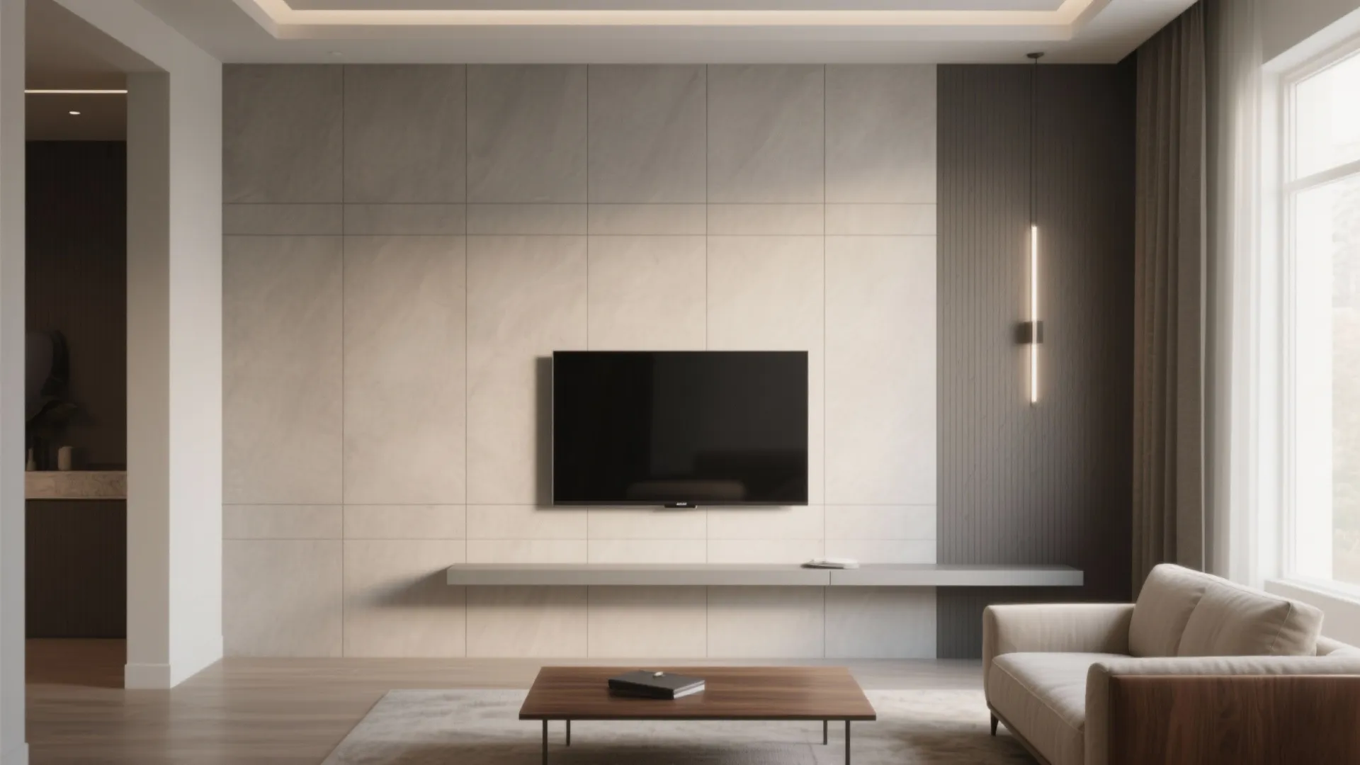 Minimalist living room with television on light wall tiles and a simple wooden coffee table design