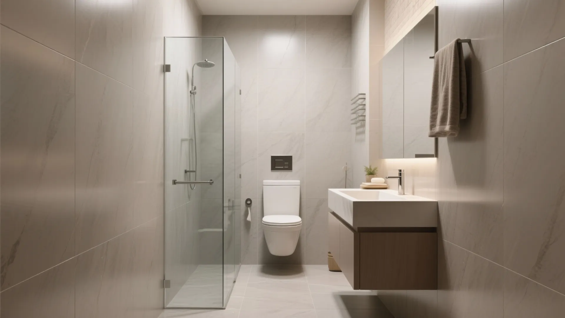 Modern bathroom with glass shower door and white toilet and floating sink and large tiles