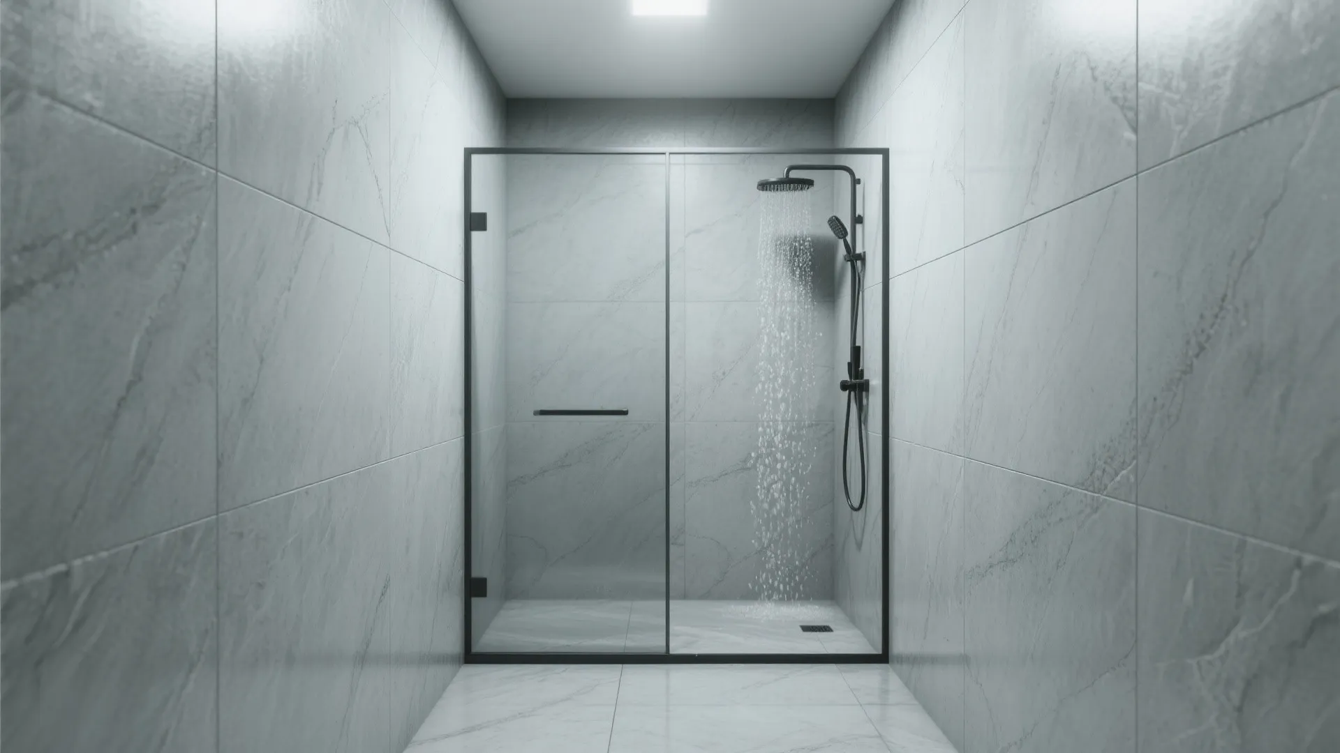 Tiny shower using large-format porcelain slabs with minimal grout for a seamless look.