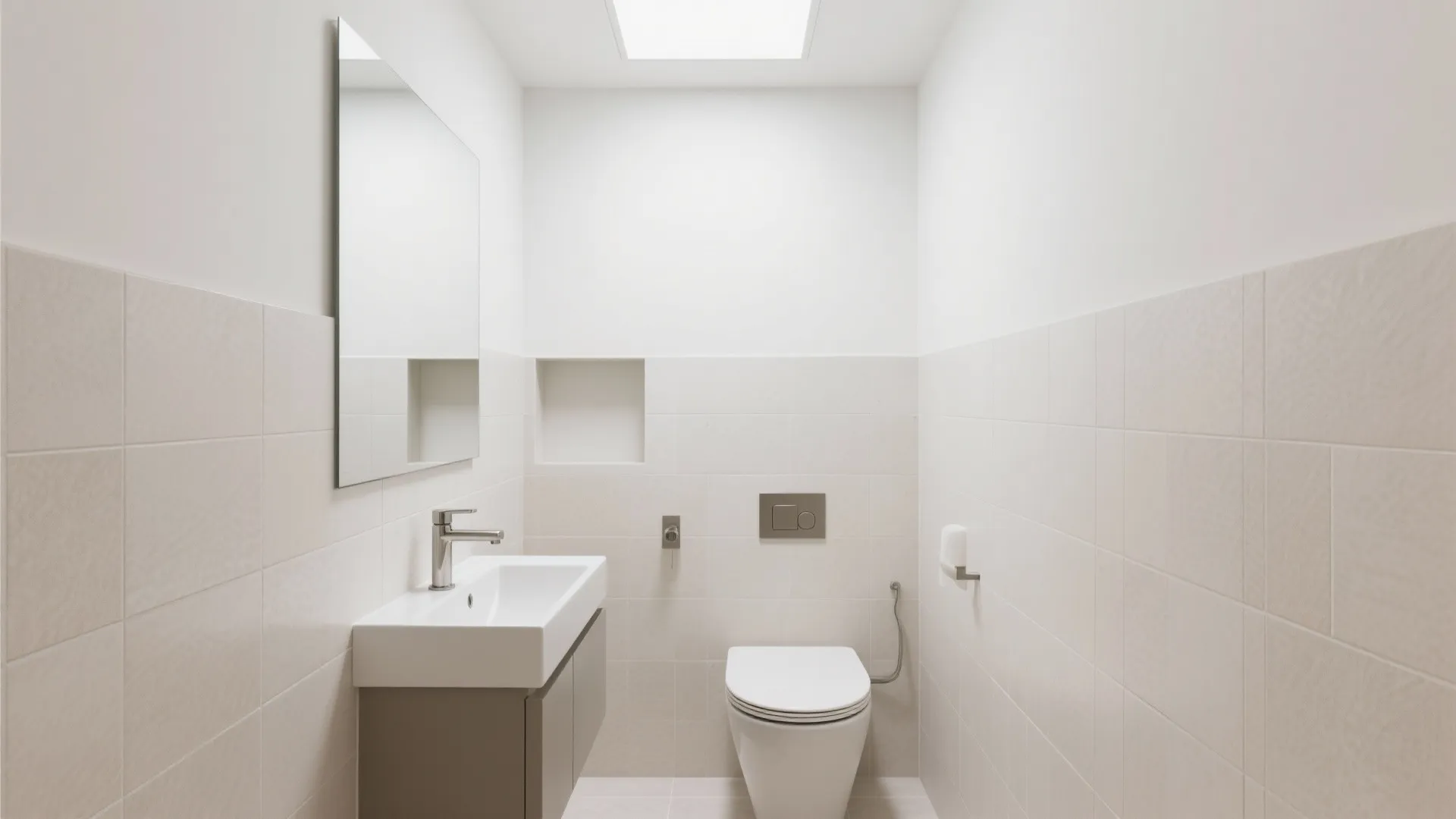 Modern bathroom with white wall tiles, square niche, white toilet, grey cabinet sink, and mirror