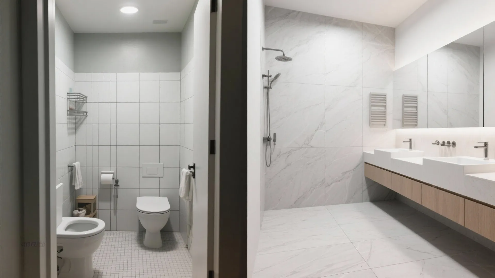 Split view showing a small white bathroom toilet and a large modern marble shower room