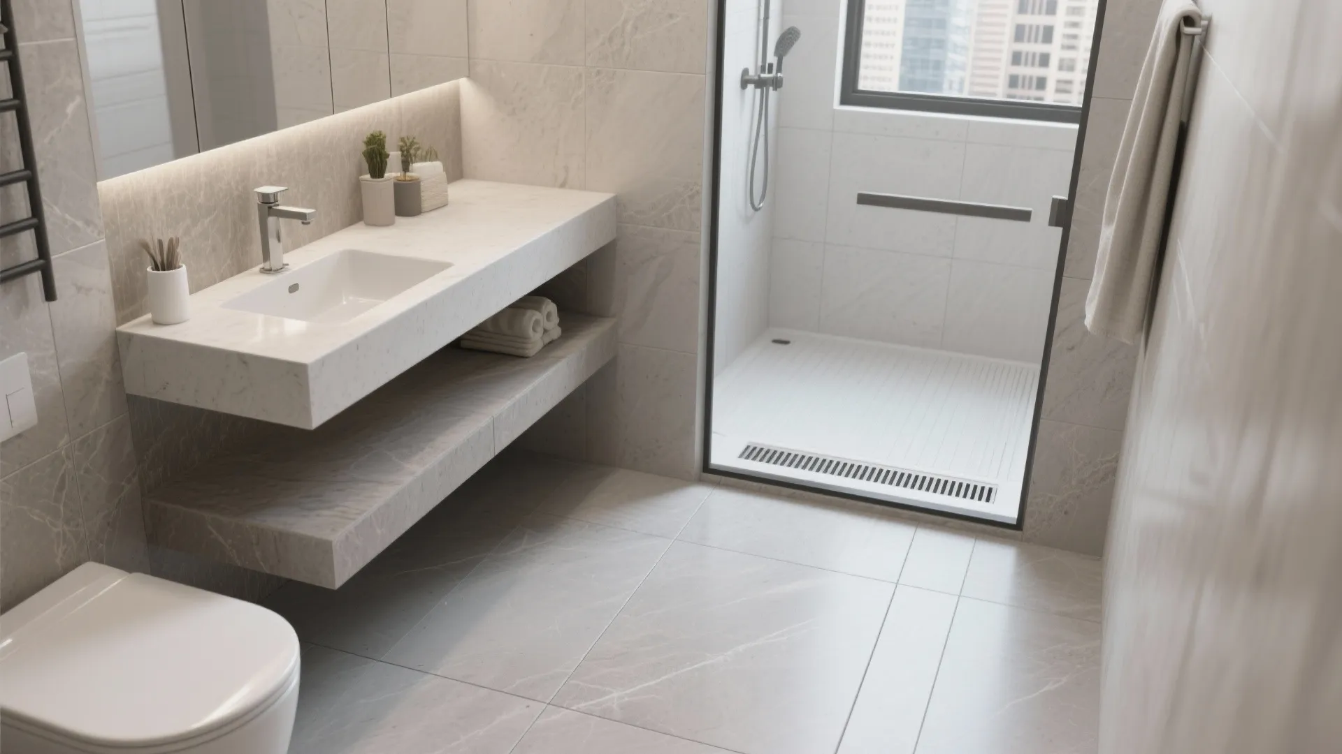 Modern grey bathroom with large floor tiles plus walk-in shower and floating marble sink vanity