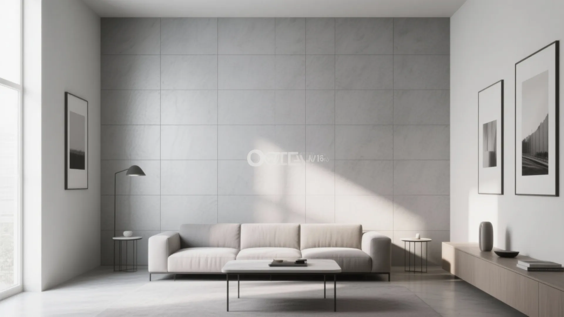 Minimalist living room with large grey wall tiles a white sofa and a wooden storage cabinet