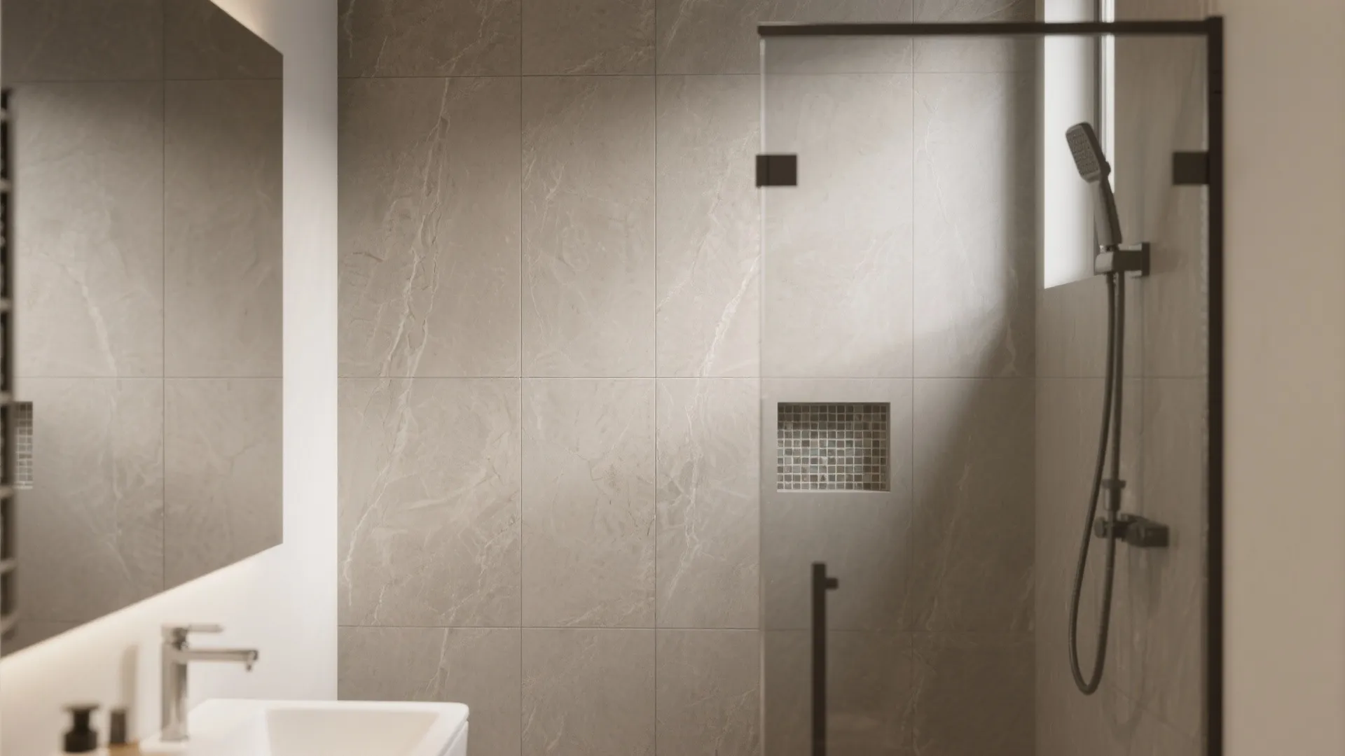 Modern bathroom with large grey wall tiles glass shower door black shower head and sink