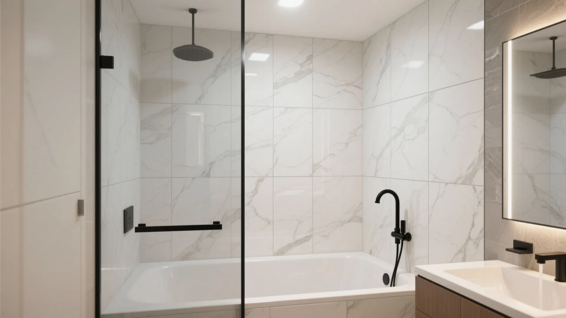 Modern bathroom featuring white marble wall tiles with black shower head bathtub and glass door
