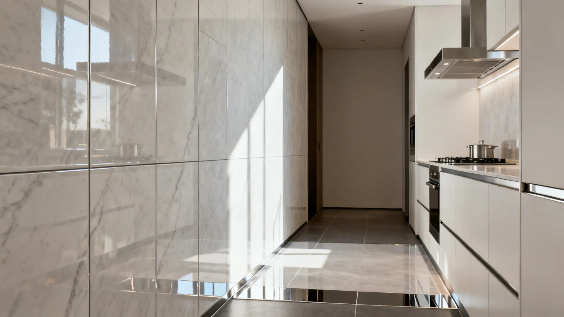 Narrow kitchen with vertical 24x48 glossy porcelain slabs and minimal joints along the cookline wall.